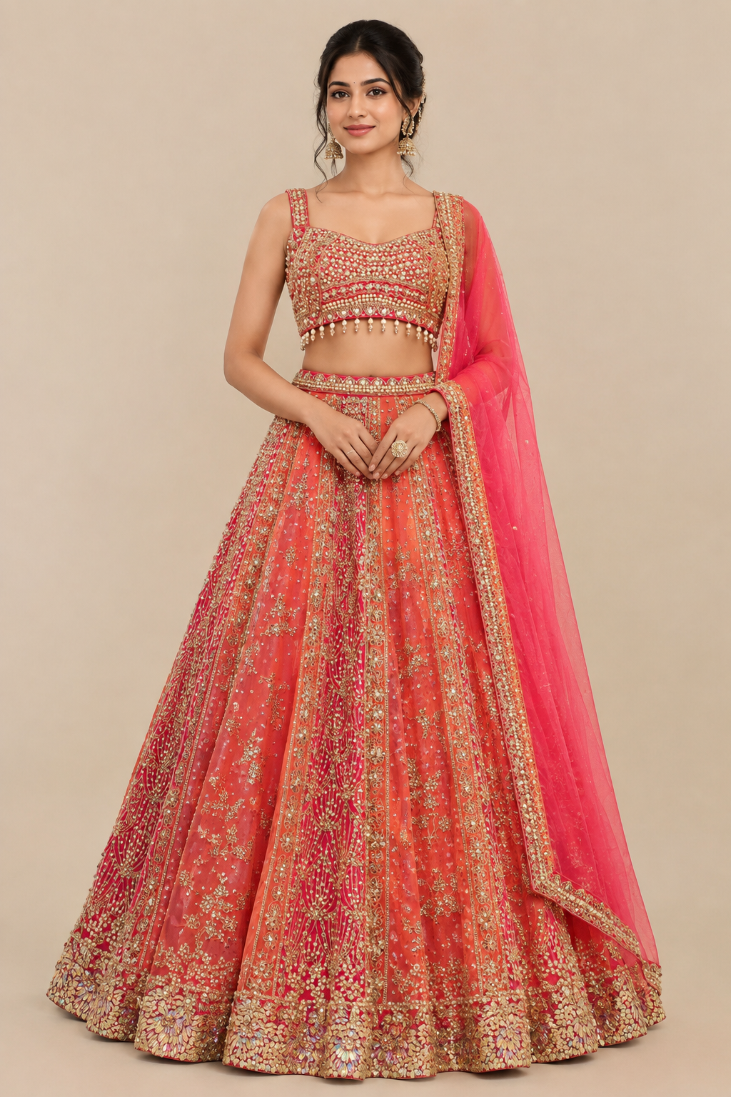 Coral Pink Embroidered Lehenga