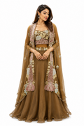 Mocha Gold Embellished Cape Lehenga Set