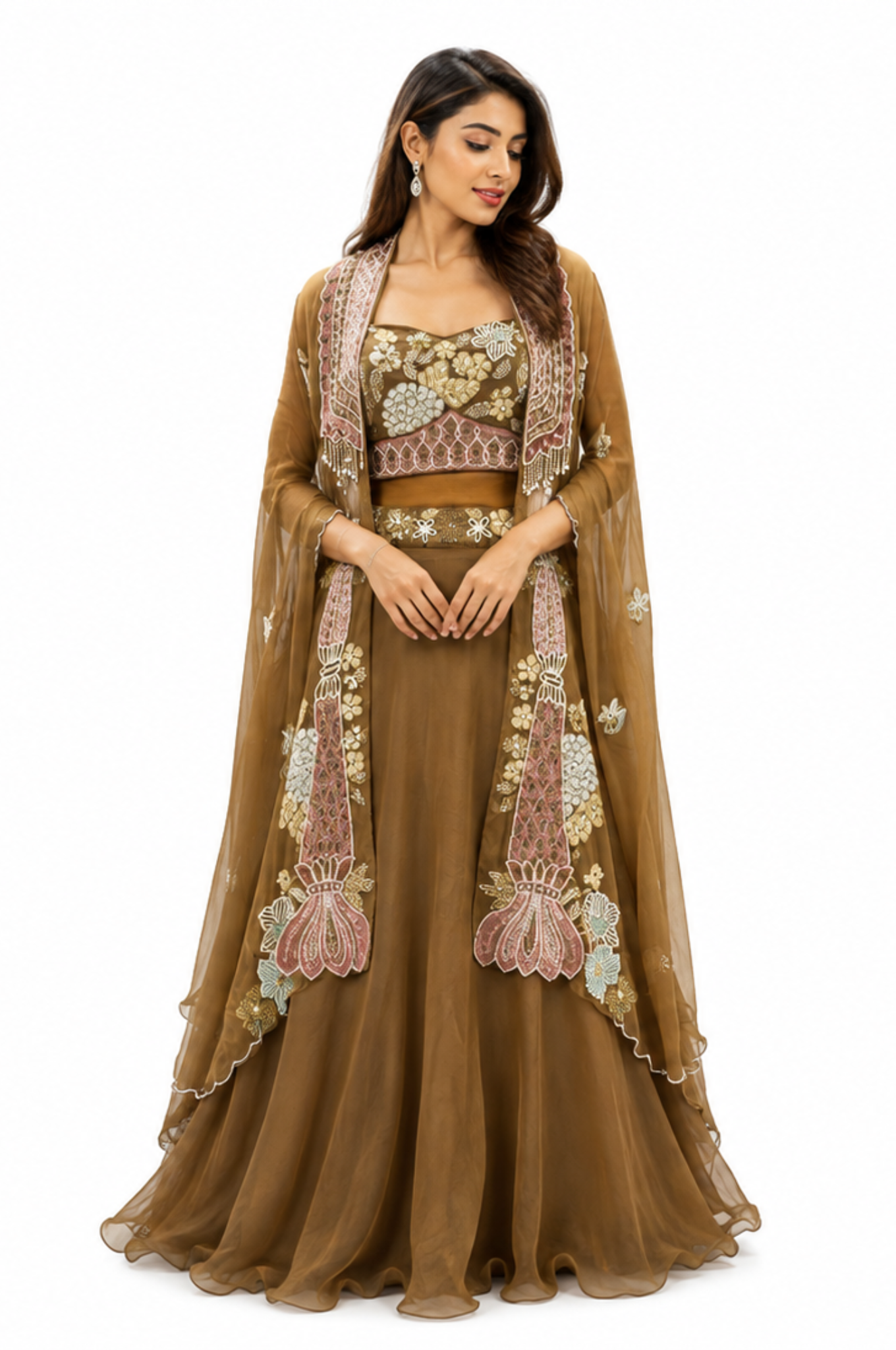 Mocha Gold Embellished Cape Lehenga Set