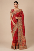Crimson Red Embroidered Peacock Saree