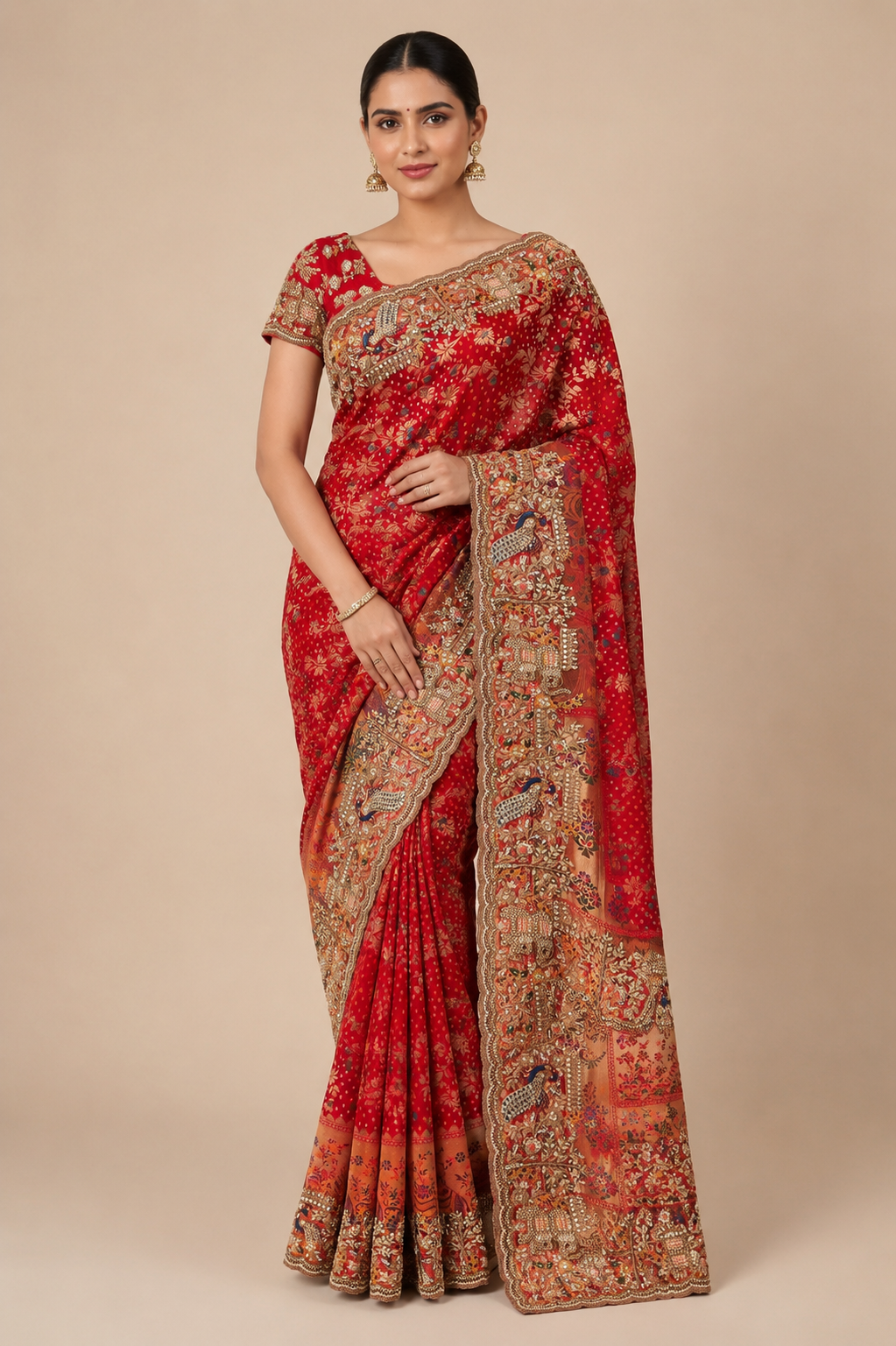 Crimson Red Embroidered Peacock Saree